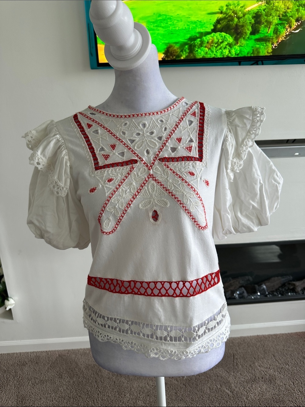 Anthropologie White Eyelet Blouse with Red Embroidery - Picture 3 of 10